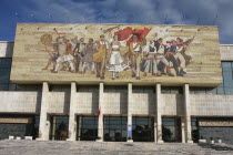 Albania, Tirane, Tirana, Mosaic on the exterior facade of the National History Museum in Skanderbeg Square representing the development of Albanias history.