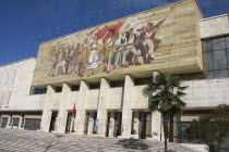 Albania, Tirane, Tirana, National History Museum, Mosaic on the exterior facade of the National History Museum in Skanderbeg Square representing the development of Albanias history.