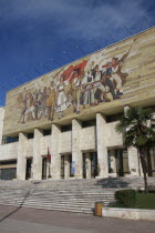 Albania, Tirane, Tirana, National History Museum, Mosaic on the exterior facade of the National History Museum in Skanderbeg Square representing the development of Albanias history.