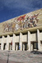 Albania, Tirane, Tirana, National History Museum, Mosaic on the exterior facade of the National History Museum in Skanderbeg Square representing the development of Albanias history.
