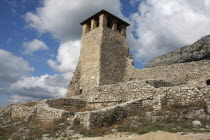 Albania, Kruja, Exterior of stone watchtower at Kruja Castle.