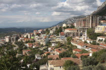 Albania, Kruja, view over hillside residential area.