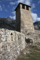 Albania, Kruja, Exterior of stone watchtower at Kruja Castle.