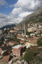 Albania, Kruja, view over hillside residential area.