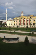 Albania, Tirane, Tirana, Government Buildings and Ethem Bey Mosque on Skanderbeg Square.