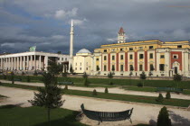 Albania, Tirane, Tirana, Exterior facade of government buildings and Ethem Bey Mosque on Skanderbeg Square.