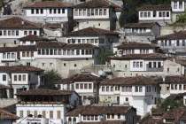 Albania, Berat, Ottoman houses in the old town with white painted exteriors and tiled roof tops.