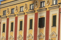 Albania, Tirane, Tirana, Detail of the facade of the Government buildings on Skanderbeg Square.