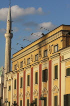 Albania, Tirane, Tirana, government buildings & Ethem Bey Mosque on Skanderbeg Square