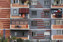 Albania, Tirane, Tirana, colourful apartment building.