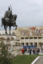 Albania, Tirane, Tirana, Statue of Skanderbeg in Skanderbeg Square with the  National History Museum in the background.