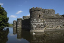 Wales, Anglesey, Beaumaris Castle and moat with swan in the water.