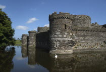 Wales, Anglesey, Beaumaris Castle and moat with swan in the water.