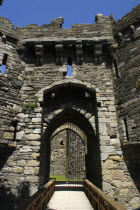 Wales, Anglesey, Beaumaris Castle entrance gate.