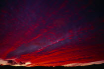 England, Narrow strip of land silhouetted against dramatic sunset sky with clouds lit red, pink, orange and purple.