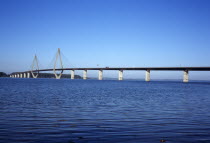 Denmark, Sjaelland, Motorway E47 bridge across Storstrommen waterway from the North.