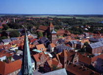 Denmark, Jutland, Ribe, View northeast over city rooftops from the twelth century Domkirke tower. Ribe is Scandinavias oldest town dating from about 700 AD.