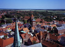 Denmark, Jutland, Ribe, View northeast over city rooftops from the twelth century Domkirke tower. Ribe is Scandinavias oldest town dating from about 700 AD.
