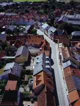 Denmark, Jutland, Ribe, View southwest over city rooftops towards farmland and the River Ribea from the twelth century Domkirke tower. Ribe is Scandinavias oldest town dating from about 700 AD.