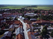 Denmark, Jutland, Ribe, View southwest over city rooftops towards farmland and the River Ribea from the twelth century Domkirke tower. Ribe is Scandinavias oldest town dating from about 700 AD.