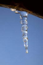 Weather, Winter, Frost, Icicle hanging from household facia panel.