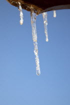 Weather, Winter, Frost, Icicles hanging from household facia panel.