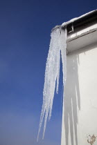 Weather, Winter, Frost, Large Icicles hanging from roof gutters.