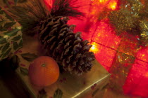 Festivals, Religious, Christmas, Detail of lights and decorations on Nordman Fir tree.