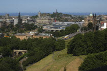 Scotland, Lothian, Edinburgh, View over the National Gallery and Railway Station toward Carlton hihll.