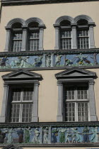 Ireland, Dublin,Temple Bar, Essex Quay, building decorated with elabaorate frieze.
