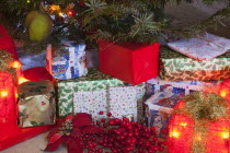 Festivals, Religious, Christmas, Detail of lights and decorations and xmas gifts under a Nordman Fir tree.