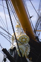England, Hampshire, Portsmouth, Historic Naval Dockyard Figurehead of HMS Warrior built in 1860 as the first iron hulled sail and steam powered warship.