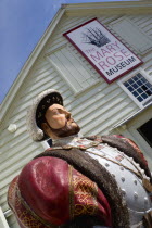 England, Hampshire, Portsmouth, Historic Naval Dockyard Statue of Tudor King Henry VIII outside the Mary Rose Museum of his flagship.