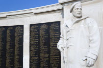 ENGLAND Hampshire Portsmouth World War Two Naval memorial on Southsea seafront designed by Sir Edmund Maufe with sculpture by William McMillan of a Royal Marine Commando and the Roll Of Honour of the...