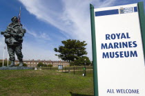 England, Hampshire, Portsmouth, Royal Marines Museum on Southsea Seafront with bronze sculpture titled Yomper by Philip Jackson modelled on a photograph of Corporal Peter Robinson yomping to Sapper Hi...