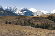 China, Yunnan Province, Lijiang, Yulong Xue Shan Mountain, also known as Jade Dragon Snow Mountain, from Yak Meadow viewpoint.