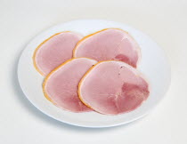 Food, Meat, Pork, Slices of cured ham on a round white plate on a white background.