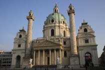 Austria, Vienna, Karlskirche or Church of St Charles Borromeo dome and exterior facade.