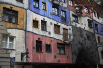 Austria, Vienna, Hundertwasser-Krawinahaus colourful exterior.