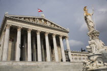 Austria, Vienna, Statue of Athena in front of Parliament.