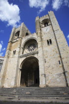 Portugal, Lisbon, Se Cathedral entrance steps and facade.