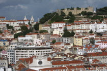 Portugal, Lisbon, View across the Baixa district to Sao Jorge Castle.