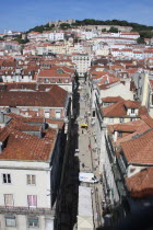 Portugal, Lisbon, View over the Baixa district with Sao Jorge Castle in the background.