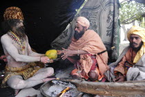 India, Uttarakhand, Hardiwar, Saddhu at Kumbh Mela, Indias biggest religious festival.