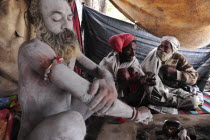 India, Uttarakhand, Hardiwar, Saddhu Baba Gajender Girri Marraj covering his body with ash inside tented area during Kumbh Mela, Indias biggest religious festival.