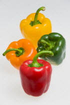 Food, Vegetables, Peppers, Red green orange and yellow sweet capsicum bell peppers.