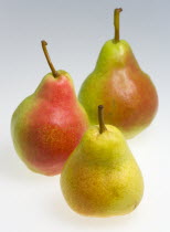 Food, Fruit, Pears, Three ripe South African Rosemarie pears against a white background.