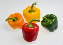 Food, Vegetables, Peppers, Red green orange and yellow sweet capsicum bell peppers.