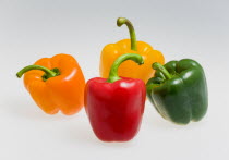 Food, Vegetables, Peppers, Red green orange and yellow sweet capsicum bell peppers.