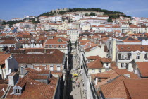 Portugal, Estremadura, Lisbon, View over the Baixa district with Sao Jorge Castle in the background.